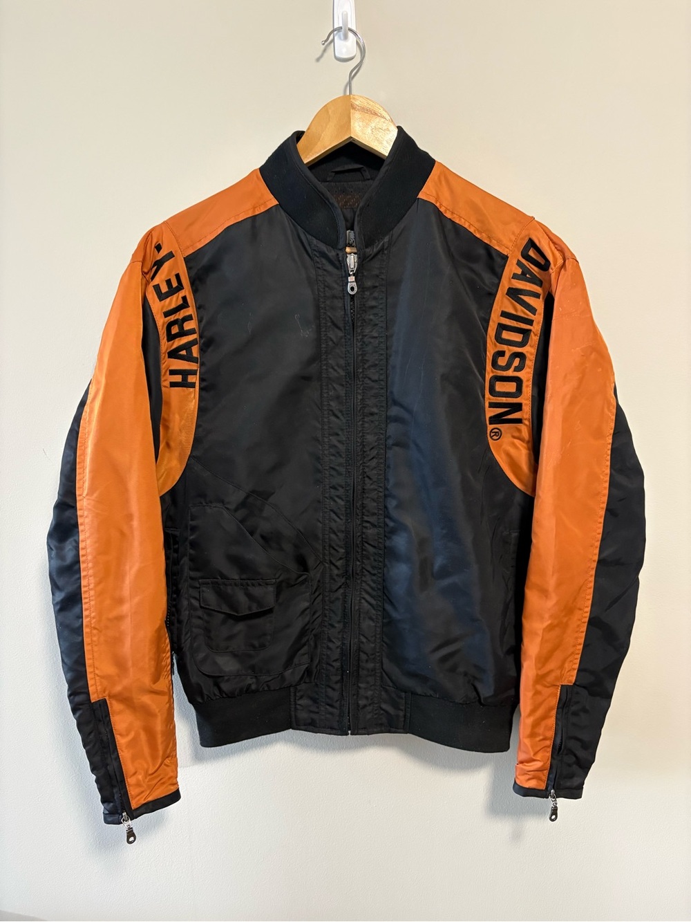 Harley Davidson Nylon Jacket Black Orange Logo Shield Riding Bomber Coat XS